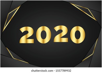 Happy New Year 2020 - New Year Shining background with gold black and glitter.Abstract 3d background with black paper layers. Vector geometric illustration of carbon sliced shapes textured with golden