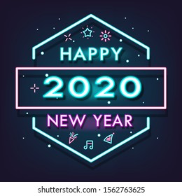 Happy New Year 2020 Shining Neon light background Vector illustration EPS10. Merry Christmas and Happy New Year celebration. Falling snow. Greeting card concept.