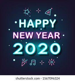 Happy New Year 2020 Shining Neon light background Vector illustration EPS10. Merry Christmas and Happy New Year celebration. Falling snow. Greeting card concept.