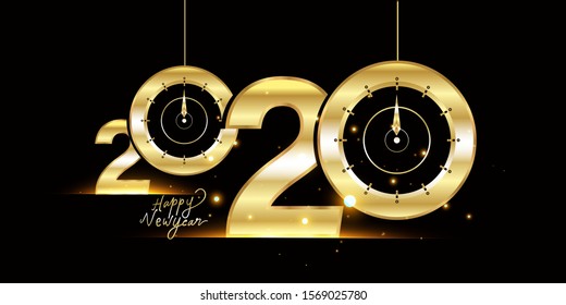 Happy New Year 2020 - New Year Shining background with gold clock and glitter
