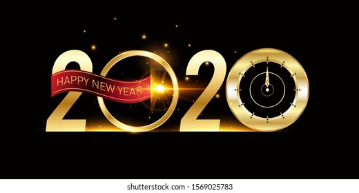 Happy New Year 2020 - New Year Shining background with gold clock and glitter
