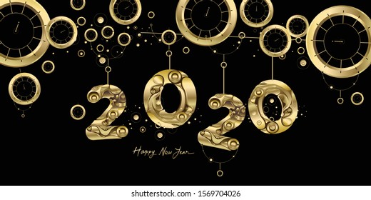 Happy New Year 2020 - New Year Shining Black background with golden clock and sparkling elements.
