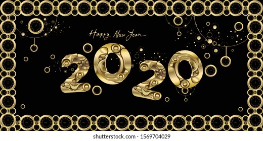 Happy New Year 2020 - New Year Shining Black background with golden clock and sparkling elements.