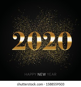 Happy New Year 2020 - New Year Shining background with gold clock and glitter. - Vector