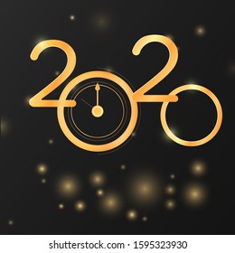 Happy New Year 2020 - New Year Shining background with gold clock and glitter.