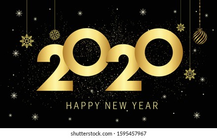 Happy New Year 2020 - New Year Shining background with gold clock and glitter and poster design
