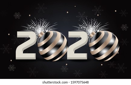 Happy New Year 2020 - New Year Shining background with gold clock and glitter