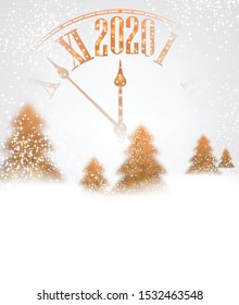 Happy New Year 2020 shiny poster with orange clock and fir trees. Vector background.