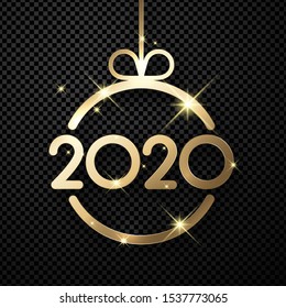 Happy New Year 2020 shiny card template with gold abstract Christmas ball. Vector transparent background.