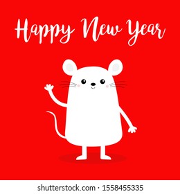 Happy New Year 2020 sign symbol. White mouse waving hand. Merry Christmas. Cute cartoon funny kawaii baby character. Flat design. Red background. Vector illustration