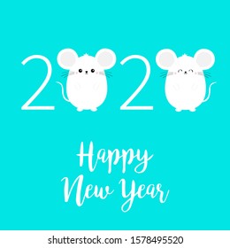 Happy New Year 2020 sign symbol. Two white mouse set. Merry Christmas. Cute cartoon funny kawaii baby character. Flat design. Blue winter background. Vector illustration