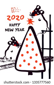 Happy new year 2020. Silhouette two funny sketch mouse with white fir-tree. Happy new year party invitation, poster with rat, mice. Lunar horoscope sign mouse.