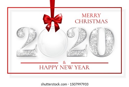 Happy New Year 2020, silver numbers design of greeting card, Xmas ball with red bow, Vector illustration.