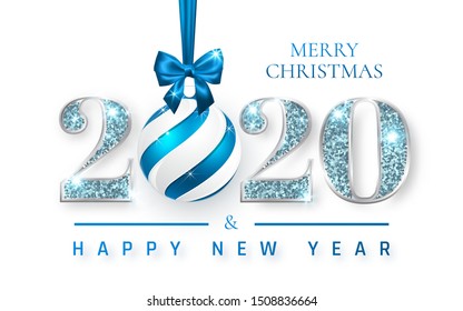 Happy New Year 2020, silver numbers design of greeting card, Xmas ball with blue bow, Vector illustration.