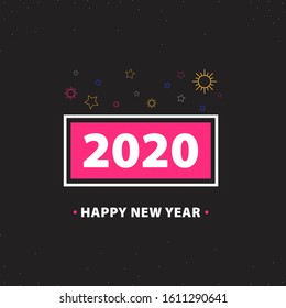 Happy New Year 2020 Simple illustration in dark background with fireworks outline, and stars outline.