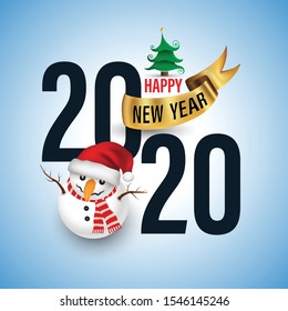 Happy New Year 2020 with snowman Christmas tree and gold ribbon for New Year and Christmas greeting card elementals.