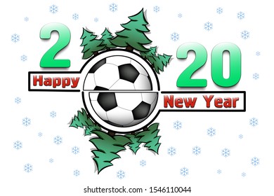 Happy new year 2020 and soccer ball with Christmas trees on an snowflakes background. Creative design pattern for greeting card, banner, poster, flyer, party invitation, calendar. Vector illustration