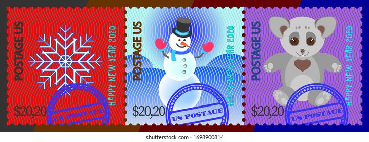 Happy new year 2020 stamps and guilloche mesh. Snowflake, snowman and cute rat or mouse