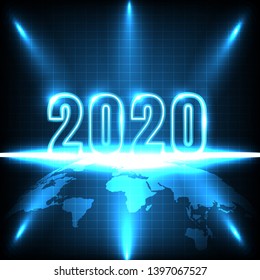 Happy New Year 2020. technology abstract with glowing neon light on earth  technology digital business using as background and wallpaper.