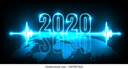 Happy New Year 2020. technology abstract with glowing neon light on earth  technology digital business using as background and wallpaper.