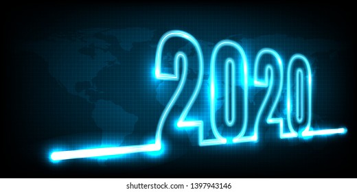 Happy New Year 2020. Technology Abstract With Glowing Neon Light On Earth  Technology Digital Business Using As Background And Wallpaper.