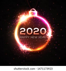 Happy New Year 2020. Technology glowing neon light Xmas decoration with particle star sparkle. Electric celebration circle ball with text. Festive New Year 2020 party sign. Vector holiday illustration