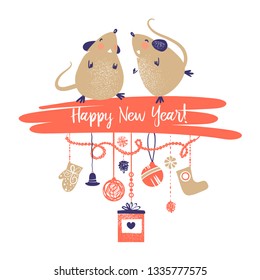 Happy new year 2020. Template banner, poster, flyer image for Happy new year party with rat, mice. Lunar horoscope sign mouse. Funny sketch mouse with long tail. Vector illustration.  