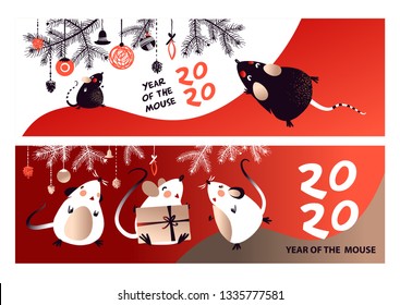 Happy new year 2020. Template banner, poster, flyer image for Happy new year party with rat, mice. Lunar horoscope sign mouse. Funny sketch mouse with long tail. Vector illustration.  