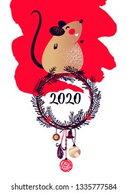 Happy new year 2020. Template banner, poster, flyer image for Happy new year party with rat, mice. Lunar horoscope sign mouse. Funny sketch mouse with long tail. Vector illustration.  