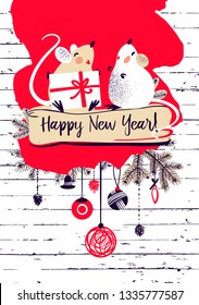 Happy new year 2020. Template banner, poster, flyer image for Happy new year party with rat, mice. Lunar horoscope sign mouse. Funny sketch mouse with long tail. Vector illustration.  