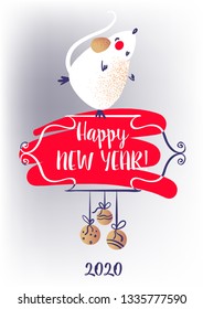 Happy new year 2020. Template banner, poster, flyer image for Happy new year party with rat, mice. Lunar horoscope sign mouse. Funny sketch mouse with long tail. Vector illustration.  