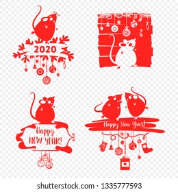 Happy new year 2020. Template banner, poster, flyer image for Happy new year party with rat, mice. Lunar horoscope sign mouse. Funny sketch mouse with long tail. Vector illustration.  