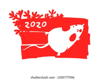 Happy new year 2020. Template banner, poster, flyer image for Happy new year party with rat, mice. Lunar horoscope sign mouse. Funny sketch mouse with long tail. Vector illustration.  