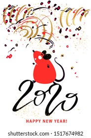 Happy new year 2020. Template card for Happy new year party with white rat, mice. Lunar horoscope sign.  Funny sketch mouse with long tail. Vector illustration.