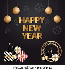 Happy New Year 2020 template with black background - Can be used for brochure, card, banner design templates. 
Vector illustration.