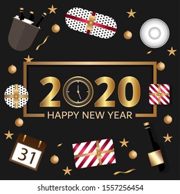 Happy New Year 2020 template with black background - Can be used for brochure, card, banner design templates. 
Vector illustration.