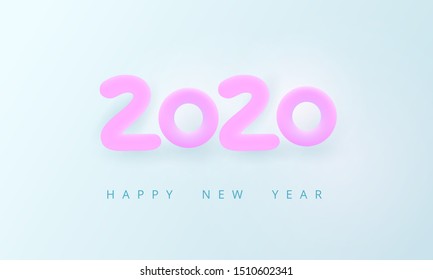 Happy New Year 2020. Tender holiday card. Pink volumetric number 2020 on a light blue background. Cozy, airy, bright, soft style. Calm pure joyful magic mood. Vector illustration