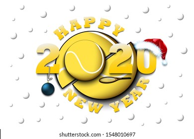 Happy new year 2020 and tennis ball with racket and Christmas hat. Creative design pattern for greeting card, banner, poster, flyer, party invitation, calendar. Vector illustration