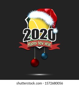 Happy new year 2020. Tennis logo template design. Tennis ball in santa hat. Pattern for banner, poster, greeting card, party invitation. Vector illustration