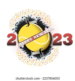 Happy new year 2020 and tennis ball with tennis player and fans. Creative design pattern for greeting card, banner, poster, flyer, party invitation. Vector illustration