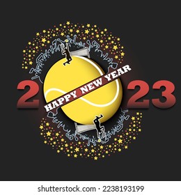 Happy new year 2020 and tennis ball with tennis player and fans. Creative design pattern for greeting card, banner, poster, flyer, party invitation. Vector illustration