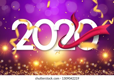 Happy New Year 2020 text design Greeting vector images with background, bokeh, sparkling stars, confetti, ribbon, suitable for Happy New Year invitation card or brochure, flyers. Vector illustration.