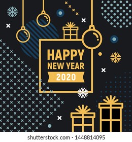 Happy New Year 2020 text.  Memphis style vector illustration.