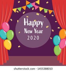 Happy new year 2020 text with colorful balloons and red curtain