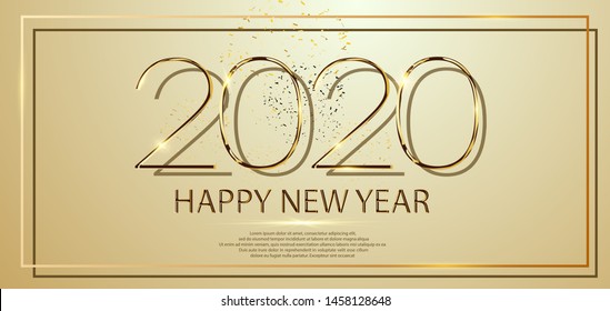 Happy New Year 2020 text design. Vector greeting illustration with golden numbers and fireworks. Party poster, banner or invitation gold glittering stars falling snowflakes glitter decoration. xmas