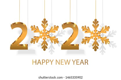 Happy New Year 2020 text design . Greeting card with hanging golden numbers and snowflakes - Vector