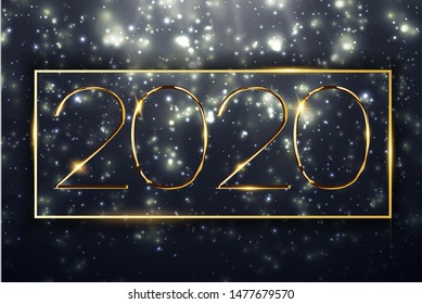 Happy New Year 2020 text design. Vector greeting illustration with golden numbers and fireworks. Party poster, banner or invitation gold glittering stars falling snowflakes glitter decoration. xmas