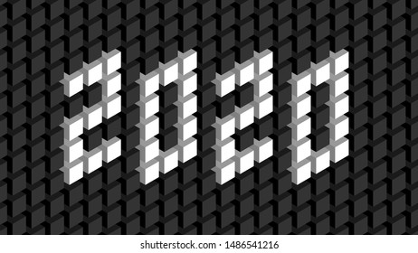 Happy new year 2020. Text in the wall in isometric style. Minimalistic wide template for screensavers, covers, brochures, cards, banners.