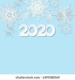 Happy New Year 2020 text design. Christmas card with snowflakes and numbers. Vector greeting illustration in paper cut style.