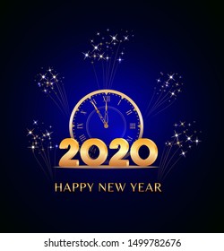Happy New Year 2020 - New Year text design with golden 3d numbers and vintage clock on dark blue background with fireworks